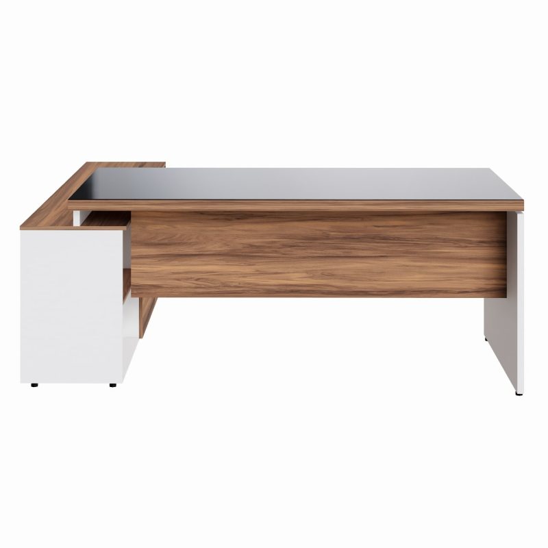 Mesa Diretorzinha c/ Aparador e Vidro Fumê – Pé de MADEIRA – 1,90×1,50m – NOGAL SEVILHA / BRANCO – 34429 Móveis Única Linha 40 mm Nogal – Branco 8