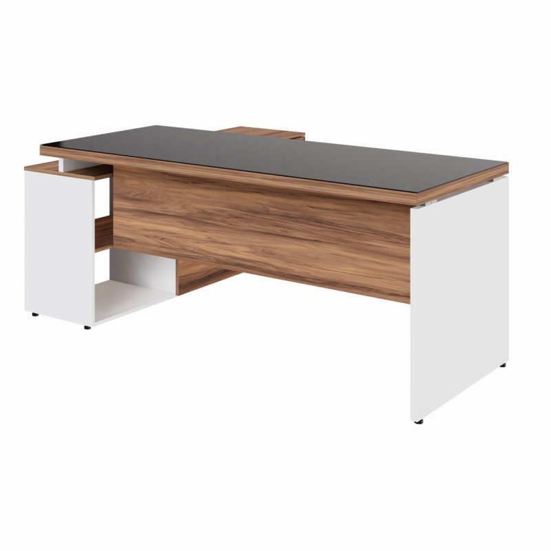 Mesa Diretorzinha c/ Aparador e Vidro Fumê – Pé de MADEIRA – 1,90×1,50m – NOGAL SEVILHA / BRANCO – 34429 Móveis Única Linha 40 mm Nogal – Branco 6