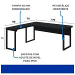 Mesa em L PÉ QUADRO (Mesa 1,70m + Mesa Auxiliar) – S/ Gavetas – PRETO / PRETO – 26011 Móveis Única Linha 40mm Preto / Preto 14