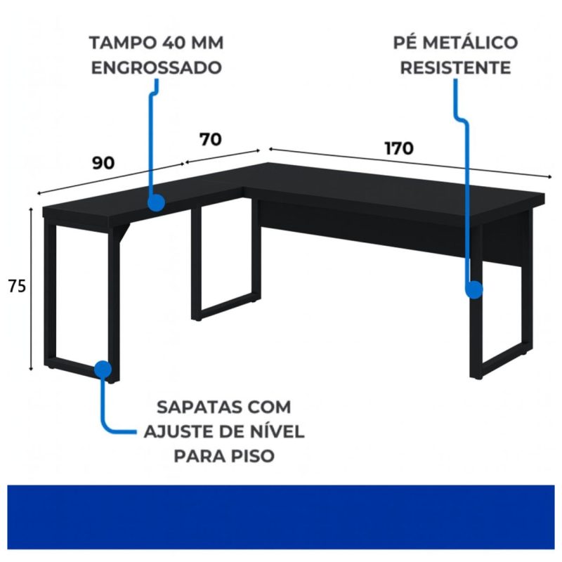 Mesa em L PÉ QUADRO (Mesa 1,70m + Mesa Auxiliar) – S/ Gavetas – PRETO / PRETO – 26011 Móveis Única Linha 40mm Preto / Preto 6