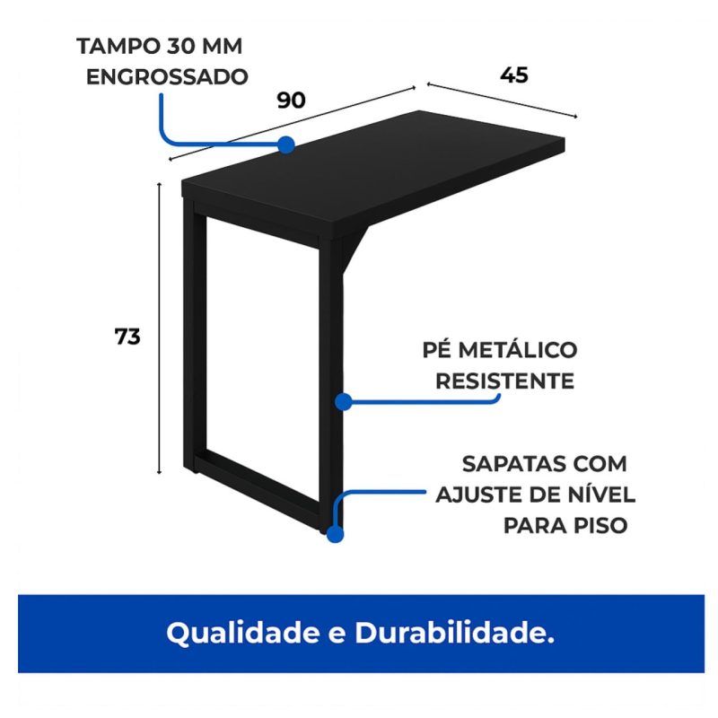 Mesa em L PÉ QUADRO (Mesa 1,70m + Mesa Auxiliar) – S/ Gavetas – PRETO / PRETO – 26011 Móveis Única Linha 40mm Preto / Preto 8