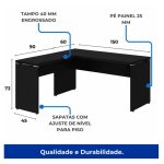 Mesa em L PÉ PAINEL (Mesa 1,50m + Mesa Auxiliar) – S/ Gavetas – PRETO / PRETO – 26012 Móveis Única Linha 40mm Preto / Preto 14
