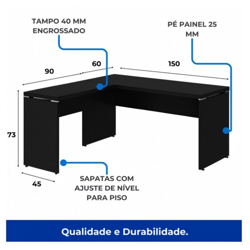 Mesa em L PÉ PAINEL (Mesa 1,50m + Mesa Auxiliar) – S/ Gavetas – PRETO / PRETO – 26012 Móveis Única Linha 40mm Preto / Preto 6