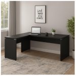 Mesa em L PÉ PAINEL (Mesa 1,50m + Mesa Auxiliar) – S/ Gavetas – PRETO / PRETO – 26012 Móveis Única Linha 40mm Preto / Preto 18