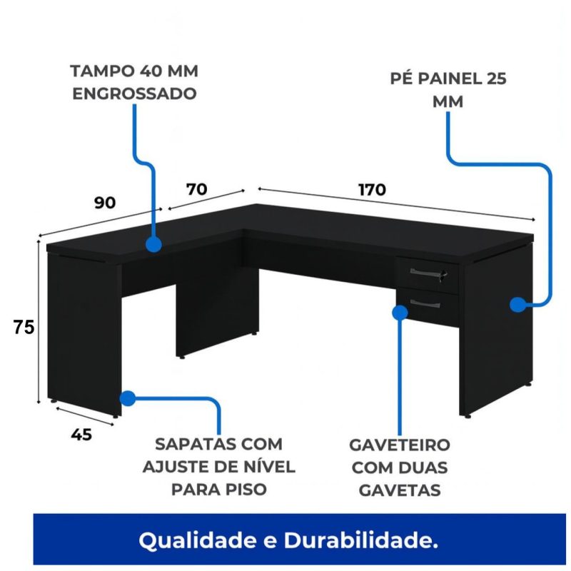 Mesa em L PÉ PAINEL (Mesa 1,70m + Mesa Auxiliar) – S/ Gavetas – PRETO / PRETO – 26013 Móveis Única Linha 40mm Preto / Preto 8