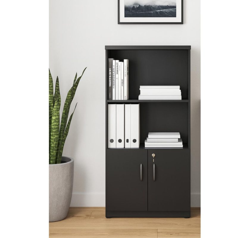 Armário Alto com Portas Inferiores e Prateleiras Abertas – MDP Preto – 26033 Móveis Única Linha 40mm Preto / Preto 8