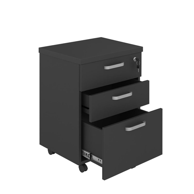 Gaveteiro Volante com 03 Gavetas com Rodízios e Fechadura – MDP Preto – 26034 Móveis Única Linha 40mm Preto / Preto 2