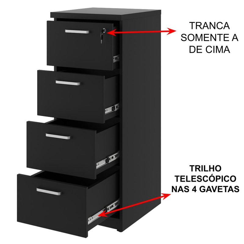 Arquivo de Madeira para Pasta Suspensa com 4 Gavetas – MDP PRETO – 26035 Móveis Única Linha 40mm Preto / Preto 4